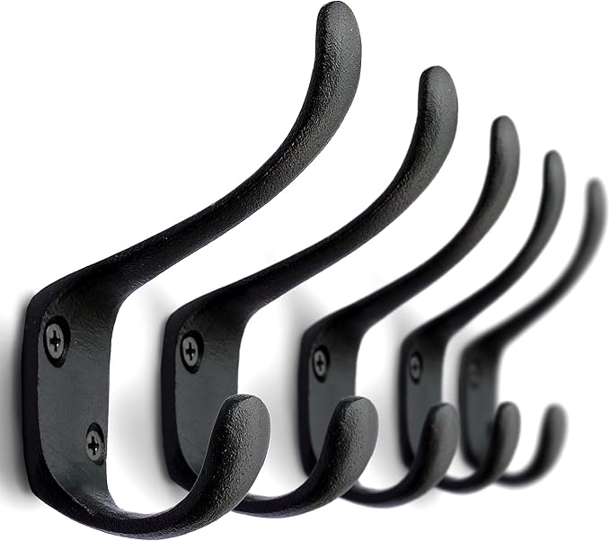 5 Pack Decorative Cast Iron Heavy Duty Double Hooks, Wall Mounted Coat Hooks - Image 4
