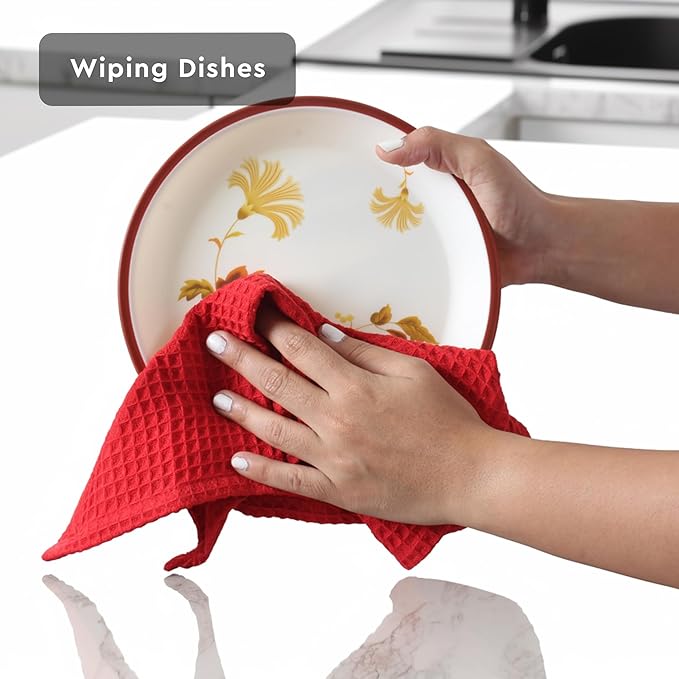 Encasa XO Kitchen Dish Towels Set | Red | Waffle Weave and Flat Hand Tea Towel - Image 2