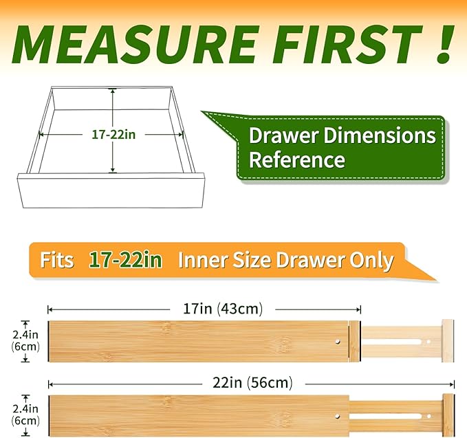 Bamboo Drawer Organizers 4 Pack, 17-22" Adjustable Spring Loaded Dividers - Image 2