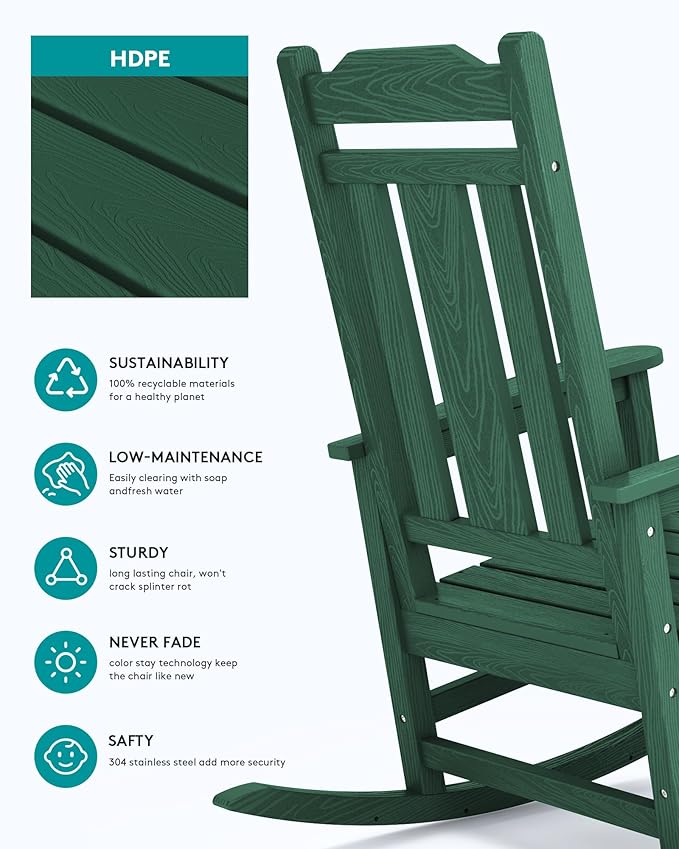 SERWALL Outdoor Rocking Chair Set of 4, Patio Rocking Chairs Set, HDPE Rocking Chair Outdoor for Adults, Heavy Duty Front Porch Rocker, Green - Image 5