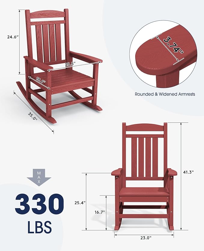 KINGYES HDPE Outdoor Rocking Chair Set of 4, All-Weather Poly Patio Rocking Chairs with 330lbs Support for Adults, Dark Red - Image 2