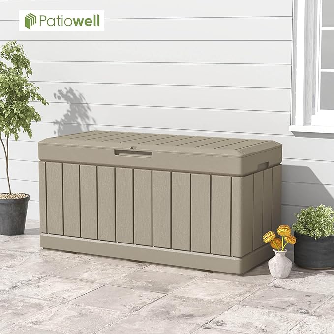 Patiowell 82 Gallon Resin Deck Box, Waterproof Large Wood Look Storage Box for Patio Furniture, Pool Accessories, Garden Tools and Sports Equipment, Lockable, Light Brown - Image 8