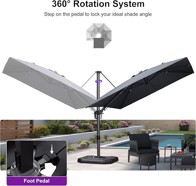 PURPLE LEAF 9' X 12' Right-left Tilt Patio Umbrella with Base Outdoor Cantilever Swivel Rectangle Umbrella Aluminum Offset Umbrella with 360-degree Rotation for Garden Deck Pool Patio Grey - Image 7