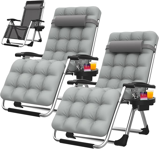 Suteck Zero Gravity Chair Set of 2, Reclining Camping Lounge Chair w/Removable Cushion, Upgraded Lock and Cup Holder, Reclining Patio Chairs Folding Recliner for Indoor and Outdoor by Suteck