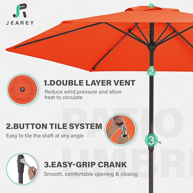 JEAREY 7.5FT Patio Umbrella Market Table Umbrella with 6 Sturdy Ribs, Push Button Tilt/Crank Outdoor Umbrella for Garden, Deck, Backyard, Pool and Beach,Orange - Image 5