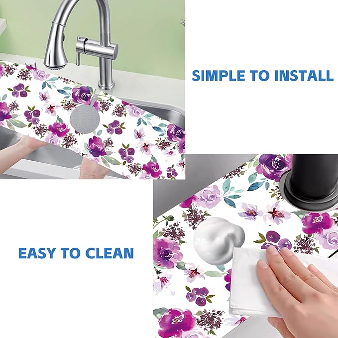 Watercolor Purple Flowers Faucet Absorbing Mat Splash Guard Draining Mat Fast - Image 5
