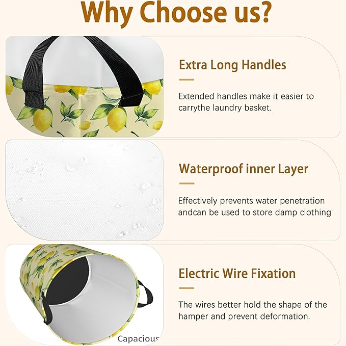 Lemon Yellow Laundry Basket, Waterproof Foldable Laundry Hamper, Dirty Clothes - Image 3