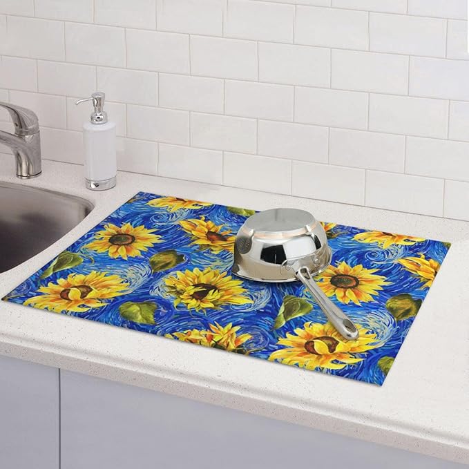 Starry Night Sunflower Blue Dish Drying Mat - Image 7