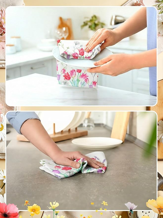 Bencailor 4 Pcs Spring Tulip Kitchen Towels Floral Flower Hand Dish Towels Pink - Image 4
