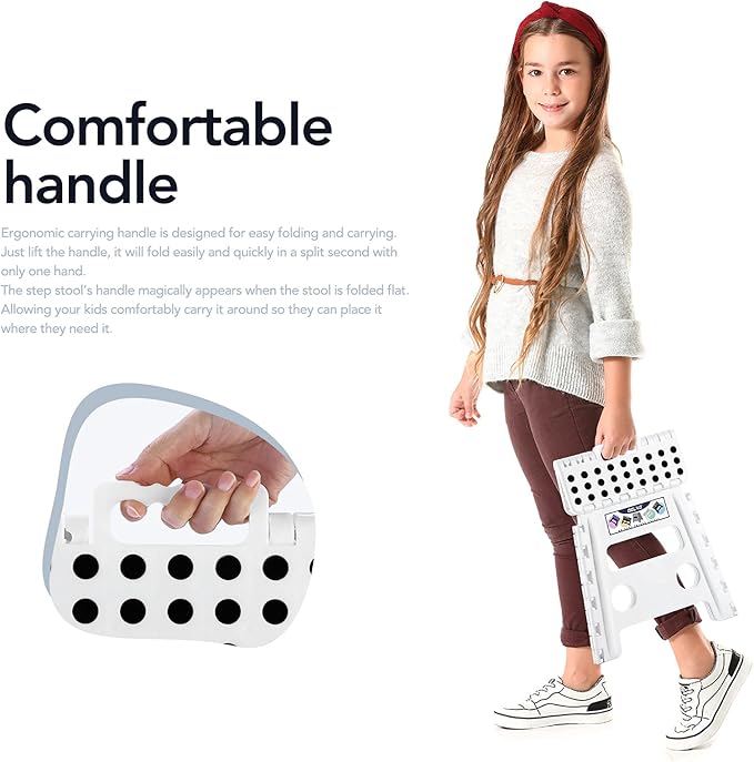 Delxo 13" Folding Step Stool for Kids and Adults, Non-Slip Foldable Step Stools with Handle,Plastic Portable Folding Stool for Bathroom,Bedroom,Kitchen,Hold up to 300lbs White - Image 4