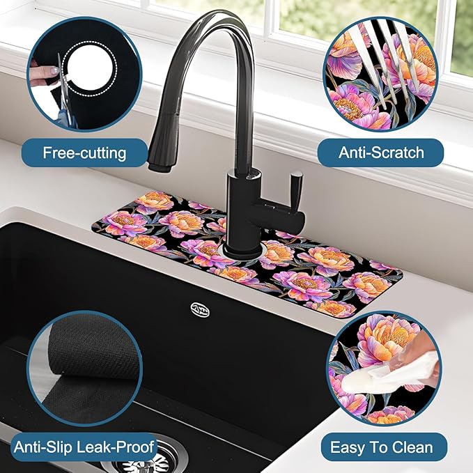 Colorful Peonies Sink Splash Guard Blooming Peonies Faucet Absorbing Mat Fast - Image 4