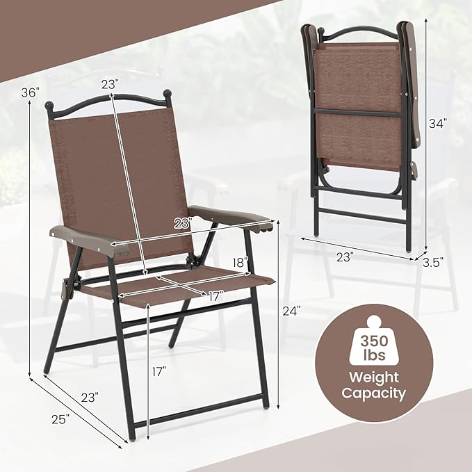 Giantex Set of 2 Patio Folding Chairs, Outdoor Patio Dining Chairs w/Armrest, Sling Back, Metal Frame, Outside Use for Lawn Camping Garden Pool Beach Yard Lounge, No Assembly, Brown - Image 3