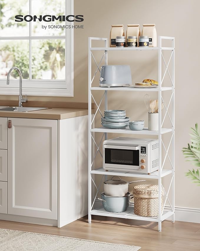 SONGMICS 5-Tier Metal Storage Rack, Shelving Unit with X Side Frames, Dense Mesh, 12.6 x 23.6 x 57.3 Inches, for Entryway, Kitchen, Living Room, Bathroom, Industrial Style, Cloud White UBSC165W01 - Image 2