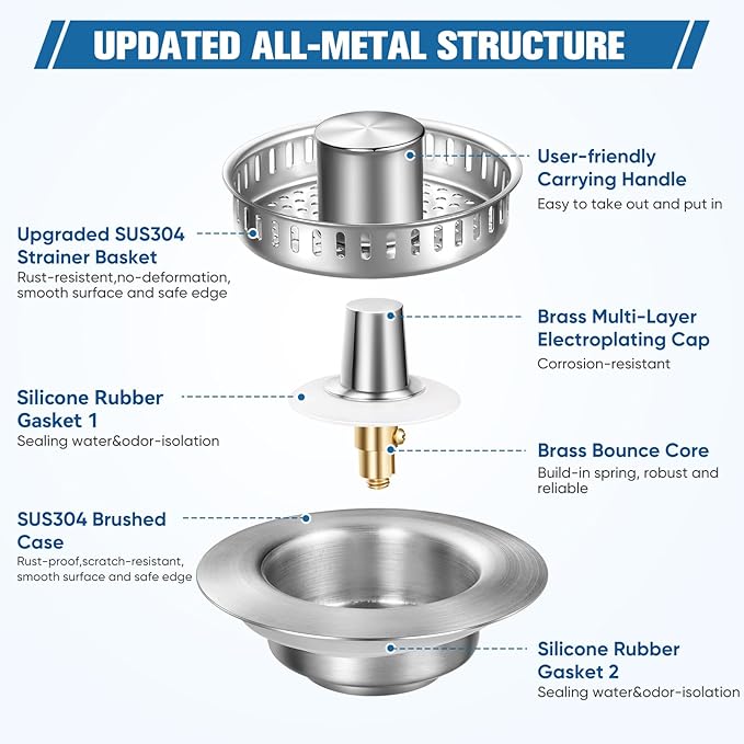 Sink Drain Strainer Kitchen Sink Drain Strainer&Sink Stopper, Stainless Steel - Image 4