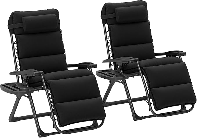 Outsunny Zero Gravity Chairs Set of 2, Reclining Folding Zero Gravity Lounge Chair, Outdoor Lounge Chairs with Removable Cushion, Headrest, and Cup Phone Holder Tray for Patio, Beach, Black by Outsunny