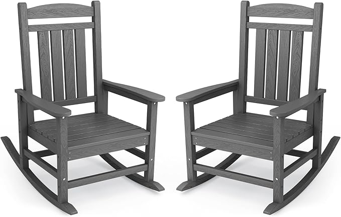 KINGYES Oversized Outdoor Rocking Chair Set of 2, HDPE Patio Rocking Chairs for Adults,Gray by KINGYES
