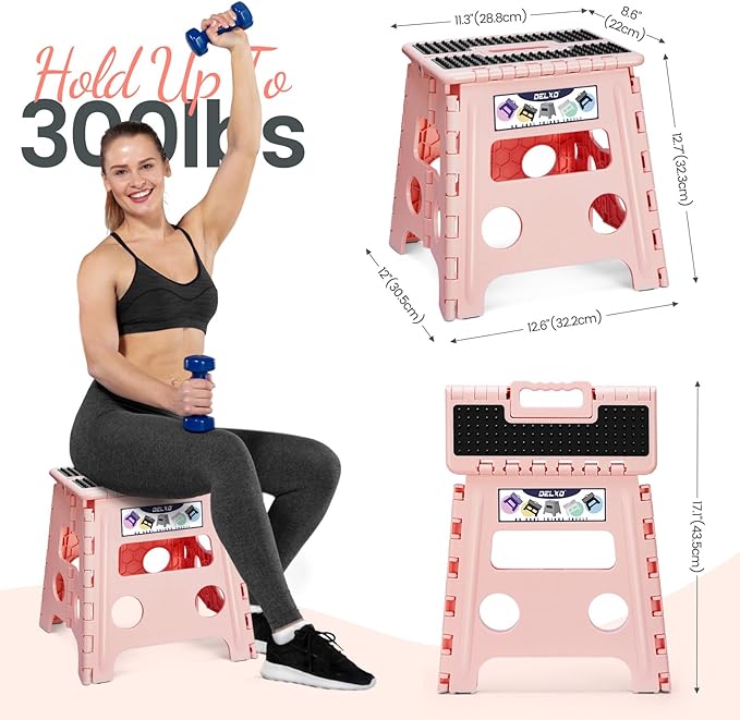Delxo Folding Step Stool 13 Inch,Non-Slip Foldable Stools for Kids & Adults Up to 300 LBS,Kitchen Collapsible Fold Up Stepping Stool with Dotted 1 Pack,Pink - Image 4