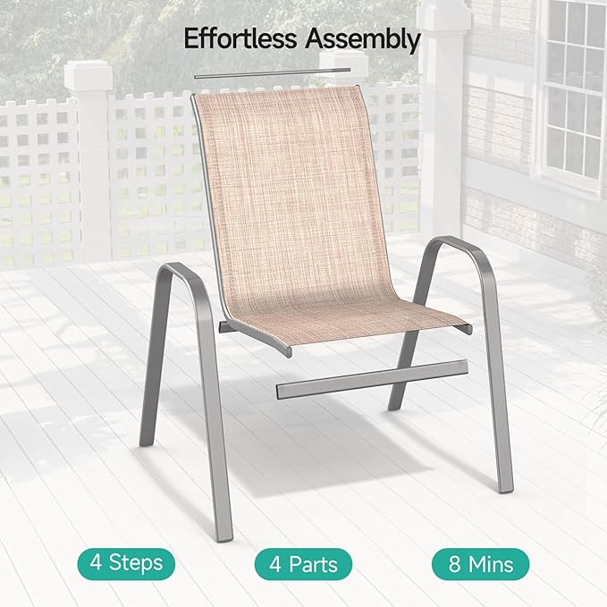 Patio Chairs Set of 2, Easily Set Up Stackable Outdoor Dining Chairs with High Back and Wide Seat, All Weather Breathable Outdoor Chairs Set of 2 with Metal Frame for Backyard Deck Pool, Beige - Image 4