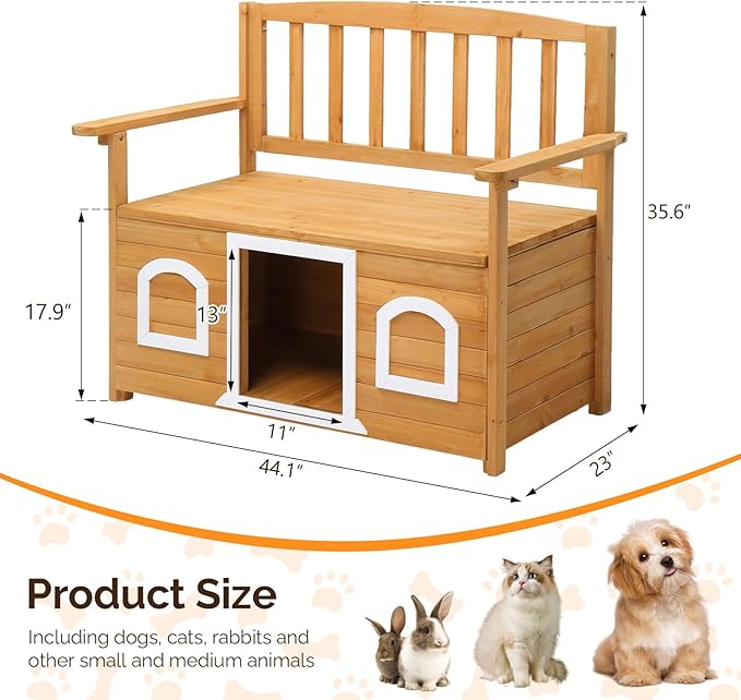 VINGLI Outdoor Storage Bench with Built-in Dog House, 2-in-1 Outdoor Waterproof Patio Bench with Pet Kennel for Patio Backyard Porch (Natural) - Image 3