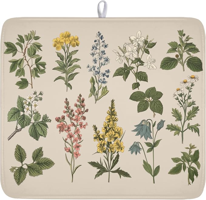 Vintage Plants Herbs Floral Dish Drying Mat by Kawani
