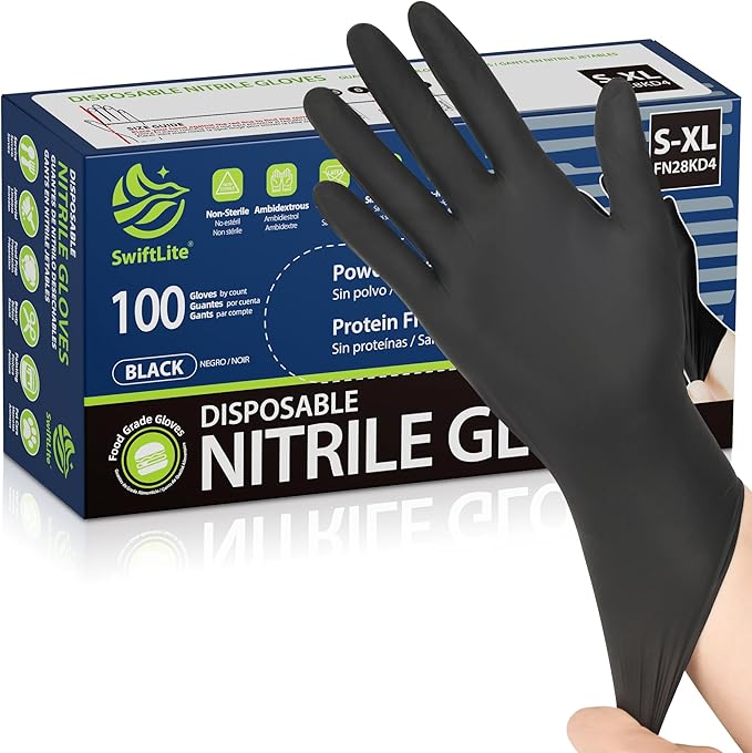 Black Nitrile Gloves, Food Safe Disposable Gloves Latex Free, Rubber Gloves by SWIFTLITE