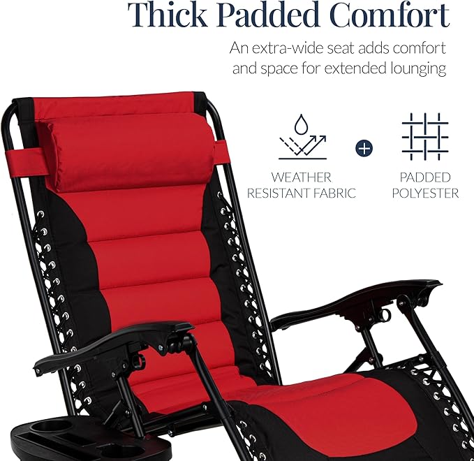 Best Choice Products Oversized Padded Zero Gravity Chair, Folding Outdoor Patio Recliner, XL Anti Gravity Lounger for Backyard w/Headrest, Cup Holder, Side Tray, Polyester Mesh - Red - Image 5