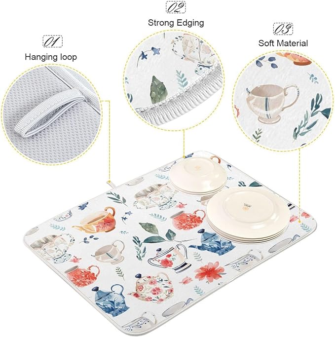 Watercolor Tea Cups Teapots Dish Drying Mat - Image 4