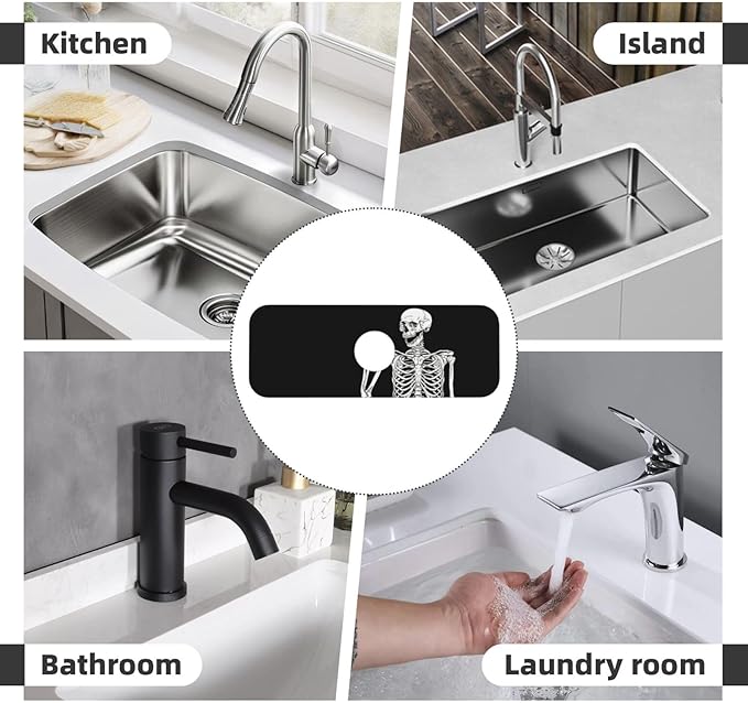 Black Funny Skull Human Skeleton Halloween Kitchen Sink Splash Guard Faucet Mat - Image 7