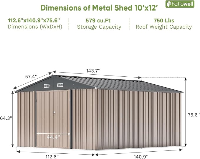 Patiowell 10 x 12 FT Metal Storage Shed for Outdoor, Steel Yard Shed with Design of Lockable Doors, Utility and Tool Storage for Garden, Backyard, Patio, Outside use,Brown - Image 5