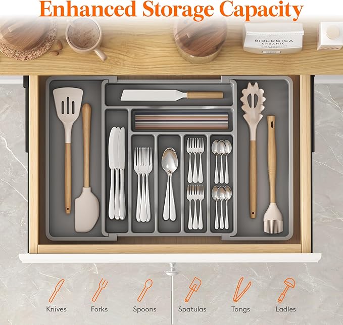 Lifewit Utensil Organizer for Kitchen Drawer, Expandable Cooking Silverware Tray - Image 2