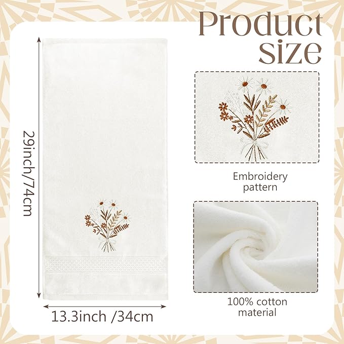 2 Pcs Boho Flowers Hand Towels Beige Bathroom Wildflowers Decor 14x29 Inch - Image 3
