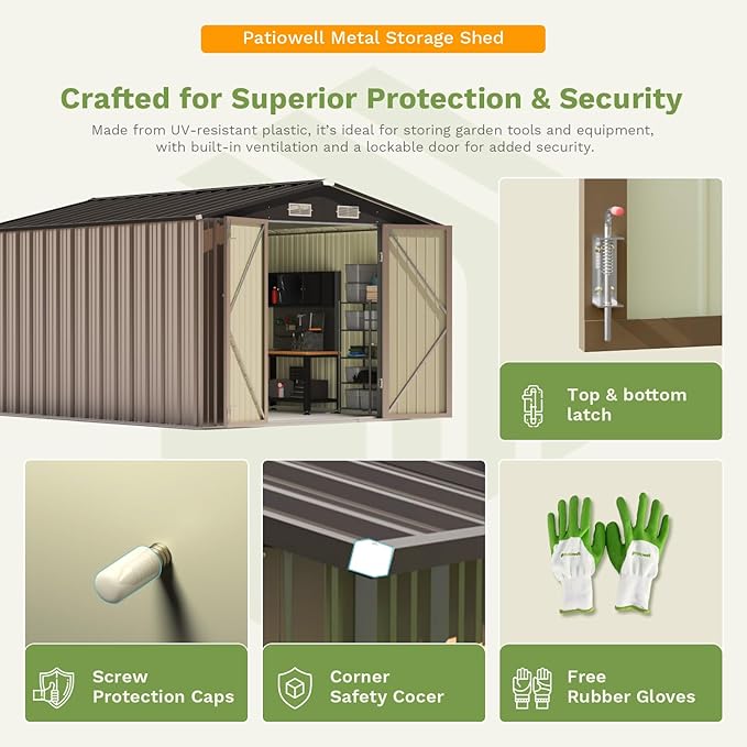 Patiowell 10 x 12 FT Metal Storage Shed for Outdoor, Steel Yard Shed with Design of Lockable Doors, Utility and Tool Storage for Garden, Backyard, Patio, Outside use,Brown - Image 4