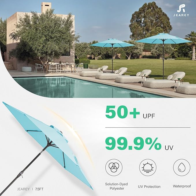 JEAREY 7.5FT Patio Umbrella Outdoor Market Umbrella with 6 Sturdy Ribs, Push Button Tilt/Crank Table Umbrella for Garden, Deck, Backyard and Pool, Baby Blue - Image 3