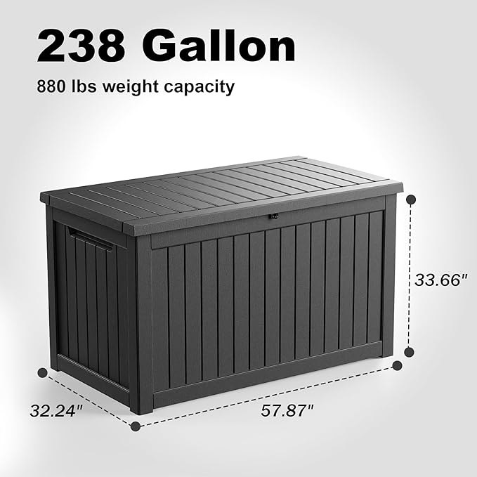 ROJIK Outdoor Storage Housing Deck Box - Waterproof Patio Furniture, Garden Tools, Cushions, Pool Accessories Storage Bench with Lockable Lid and Side Handles (Black 238 Gal) - Image 2