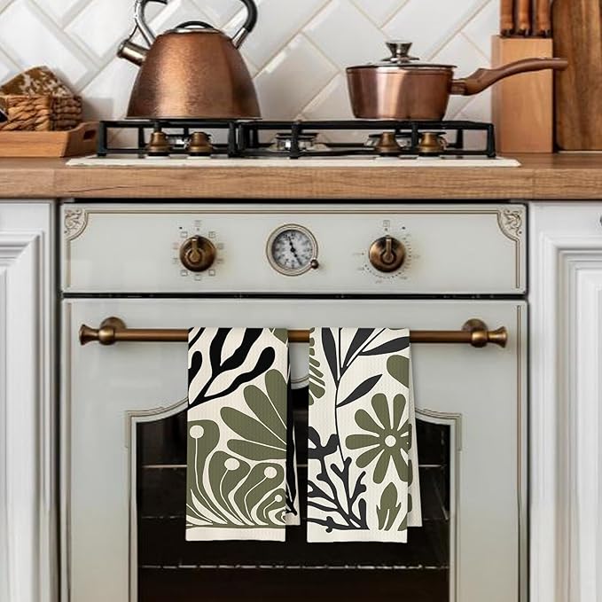 Abstract Green and Black Boho Floral Kitchen Towels Set of 2, 70s Retro Groovy - Image 3