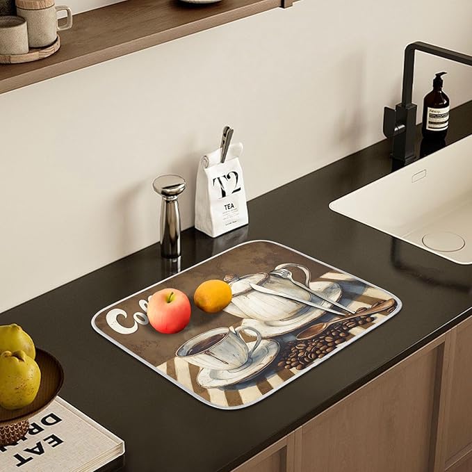 Coffee Themed Dish Drying Mat for Kitchen Counter Absorbent Microfiber Small - Image 6
