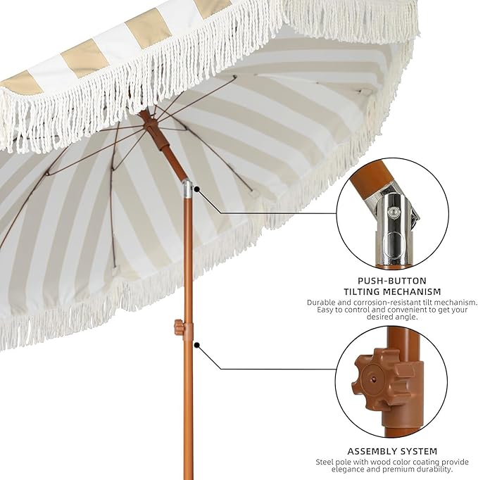 AMMSUN 7ft Patio Umbrella with Fringe Outdoor Tassel Umbrella UPF50+ Premium Steel Pole and Ribs Push Button Tilt, Stripe Beige - Image 4