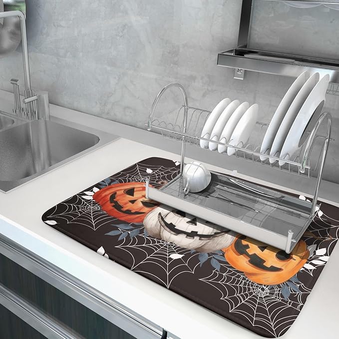 Halloween Dish Drying Mat for Kitchen Counter Spooky Pumpkins Spiderweb Super - Image 5