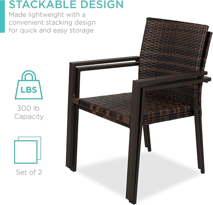 Best Choice Products Set of 2 Stackable Outdoor Wicker Dining Chairs All-Weather Firepit Armchair w/Armrests, Steel Frame for Patio, Deck, Garden, Yard - Brown - Image 5
