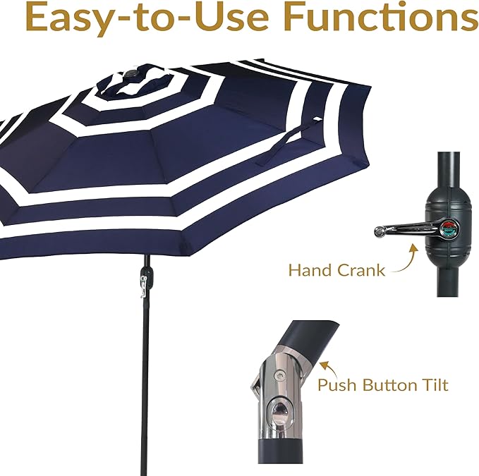 Sunnydaze Outdoor Patio Umbrella - Polyester Table Market Umbrella with Push-Button Tilt and Crank - 8 Sturdy Ribs - Navy Blue Stripe - 9ft - Image 2