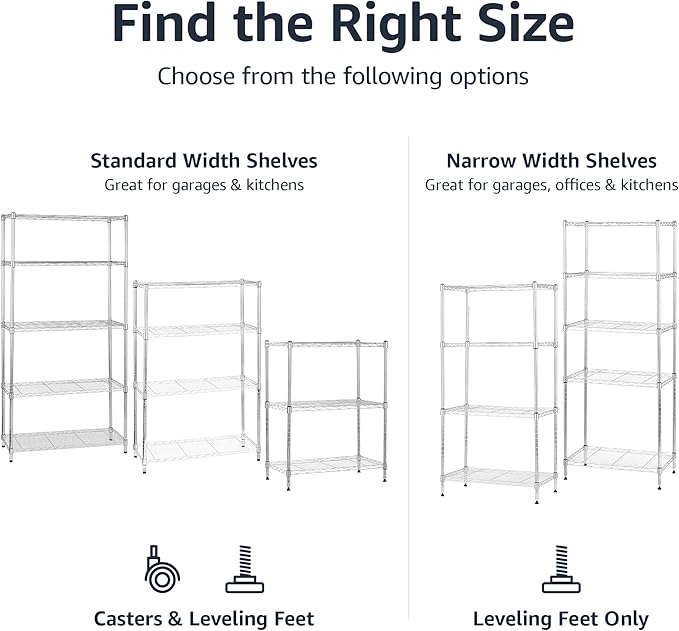 Amazon Basics 5-Shelf Adjustable Storage Shelving Unit for Garage, Steel Wire Rack, 200 Pound Loading Capacity per Shelf, 23.2" x 13.4" x 60", Chrome Finish - Image 6