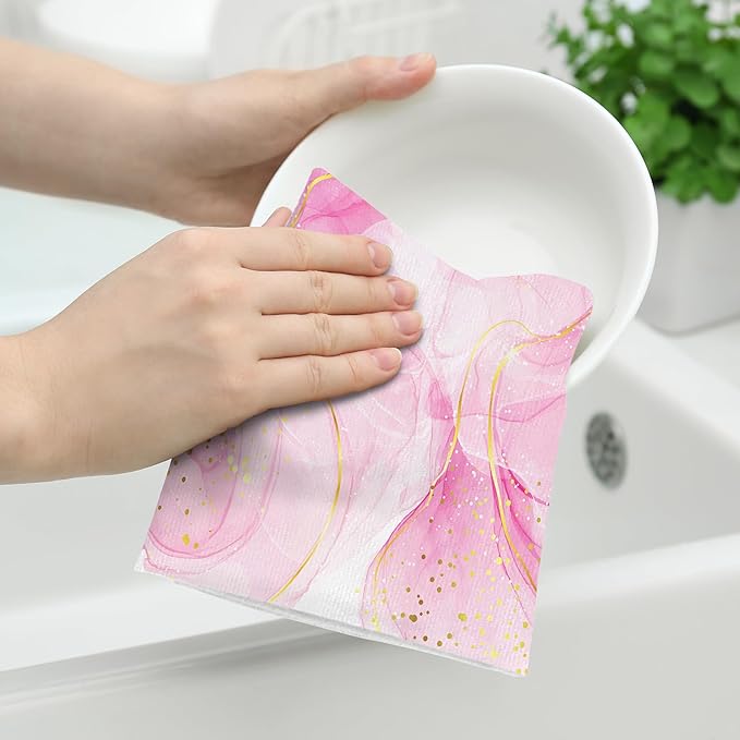 Pink Marble Kitchen Dish Towels and Dishcloths Sets of 2 Abstract Modern Dish - Image 4