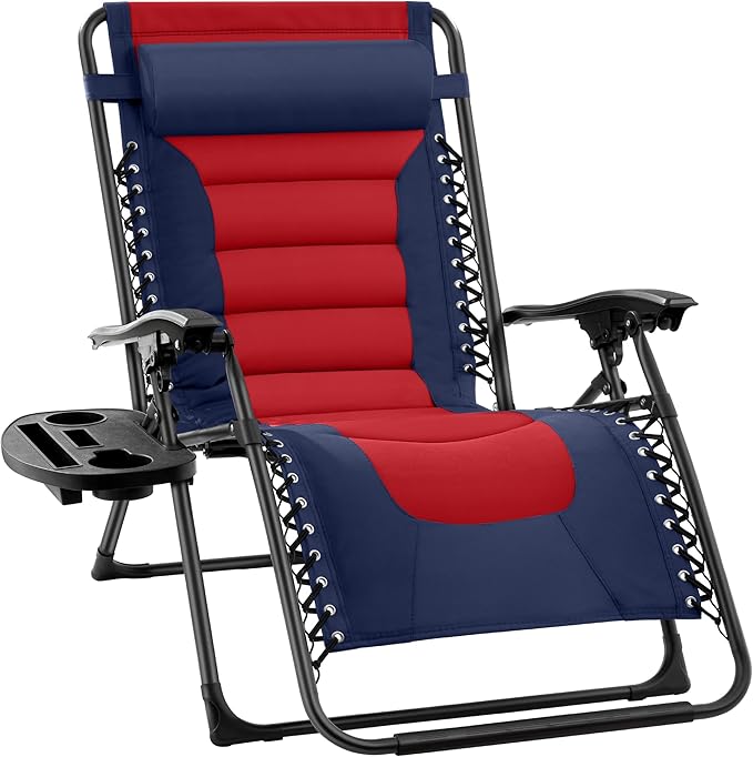 Best Choice Products Oversized Padded Zero Gravity Chair, Folding Outdoor Patio Recliner, XL Anti Gravity Lounger for Backyard w/Headrest, Cup Holder, Side Tray, Polyester Mesh - Navy/Red by BestChoiceProducts