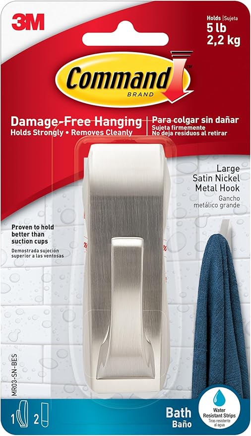 Command Modern Reflections Large Metal Bath Hook, Satin Nickel, 1-Hook by Command