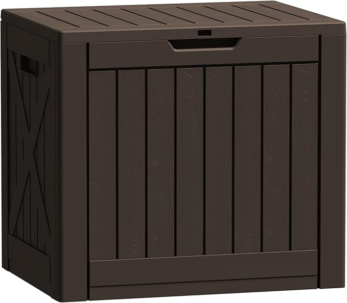 Flamaker Resin Deck Box 40 Gallon Waterproof Outdoor Indoor Storage Box Imitation Wood Resin for Patio Furniture Garden Tools and Pool (Deep Brown) by Flamaker