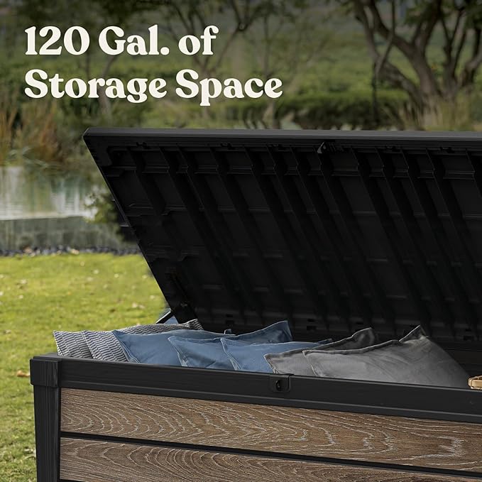 Keter Everwood 120 Gallon Resin Signature Collection Large Outdoor Storage Box for Patio Furniture, Outdoor Cushions, Garden Tools and Pool Gear, Walnut - Image 5