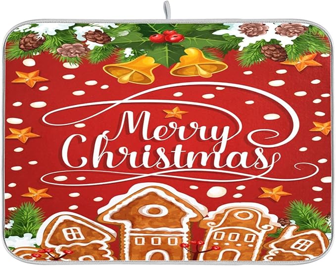 Christmas Gingerbread Holly Berry Santa Bell Dish Drying Mat by BOENLE-WELCOMEYOURCOMING