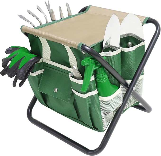 Garden Tool Set, 10 Piece Kit with Heavy Duty Folding Stool, Detachable Storage Tote Bag, Stainless Steel Tools, Gifts for Women Men Green - Image 9