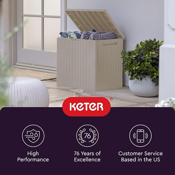 Keter City 30 Gallon Resin Outdoor Storage Box & Patio Side Table for Balcony, Pool, Deck & Garden Accessories, Weather‑Resistant, Beige - Image 11