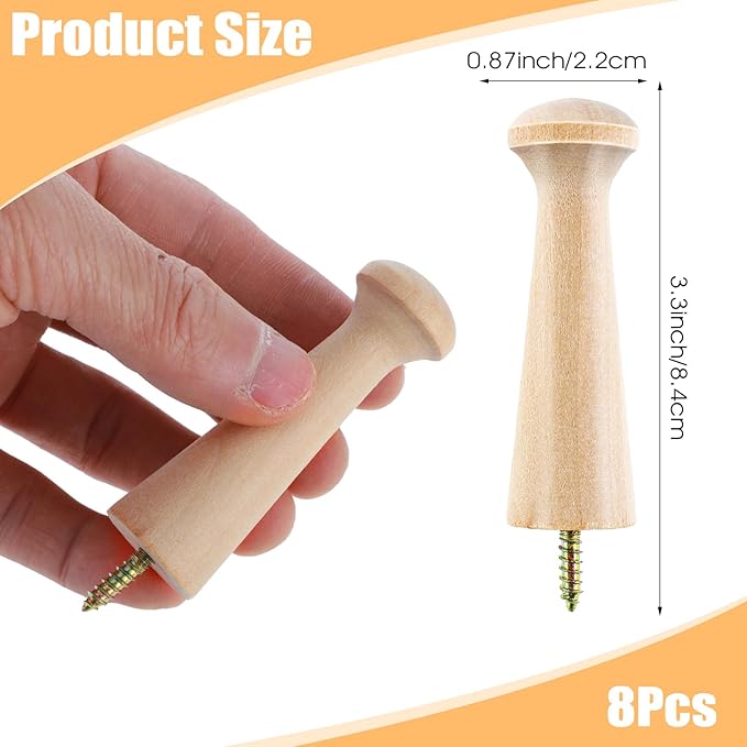 Xindojuz 8 PCS 3.3 Inch Wooden Shaker Pegs, Screw-on Solid Wooden Wall Hooks - Image 2